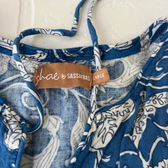 Shae by Sassafras Floral Blue White Flowy 3/4 Sleeves Soft Midi Dress -sz L - Picture 3 of 5